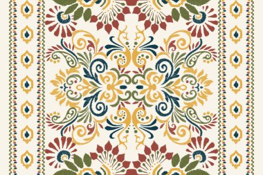 Beyaz arka plana Ikat desenli desenli işleme.Etnik oryantal desen geleneği. Doku, kumaş, giysi, ambalaj, dekorasyon, atkı, halı için soyut vektör çizimi.