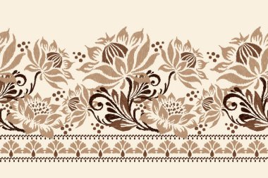 Kahverengi arka planda Ikat desenli desenli işleme.Etnik oryantal desen geleneği. Doku, kumaş, giysi, ambalaj, dekorasyon, sarong, eşarp için soyut vektör çizimi.