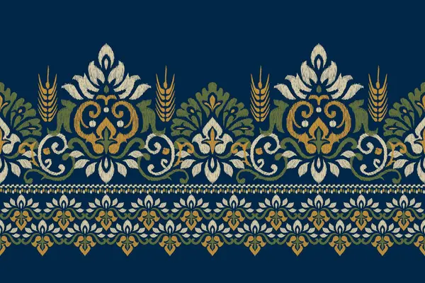 Bordado Paisley Floral Ikat Fundo Azul Marinho Padrão Oriental Étnico — Vetor de Stock