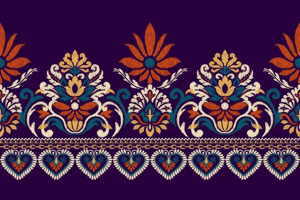 紫色の背景にイカットの花ペイズリー刺繍 イカットの民族的な東洋のパターンの伝統 アステカスタイル抽象的なベクトルのイラスト — ストックベクタ