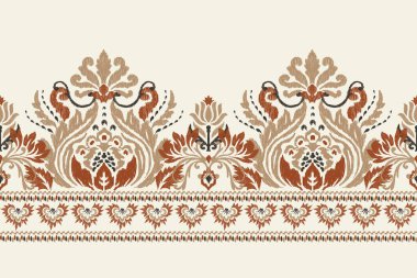 Beyaz arka plana Ikat desenli desenli işleme.Etnik oryantal desen geleneği. Doku, kumaş, giysi, ambalaj, dekorasyon, sarong, eşarp için soyut vektör çizimi.