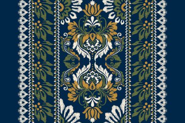 Ikat çiçekli şal desenli lacivert arka plan nakışı. Etnik oryantal desen geleneği. Doku, kumaş, elbise, ambalaj, dekorasyon, halı tasarımı. 