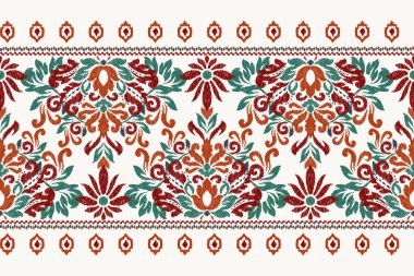 Beyaz arka plana Ikat desenli desenli işleme.Etnik oryantal desen geleneği. Doku, kumaş, giysi, ambalaj, dekorasyon, sarong, eşarp için soyut vektör çizimi.