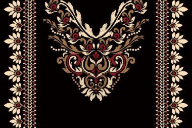 Güzel çiçek desenli desenli Ikat desenli siyah fonda nakış. Boho yaka desenleri geleneksel. Doku, kumaş, giysi, süsleme, dekorasyon için tasarım.