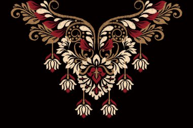 Güzel çiçek desenli desenli Ikat desenli siyah fonda nakış. Boho yaka desenleri geleneksel. Doku, kumaş, giysi, süsleme, dekorasyon için tasarım.