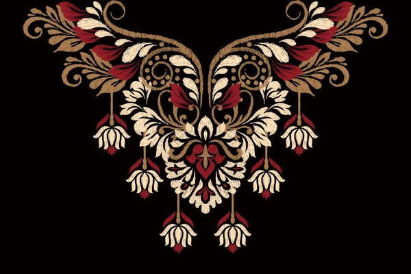 Güzel çiçek desenli desenli Ikat desenli siyah fonda nakış. Boho yaka desenleri geleneksel. Doku, kumaş, giysi, süsleme, dekorasyon için tasarım.