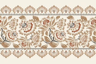 Kahverengi arka planda Ikat desenli desenli işleme.Etnik oryantal desen geleneği. Doku, kumaş, giysi, ambalaj, dekorasyon, sarong, eşarp için soyut vektör çizimi.