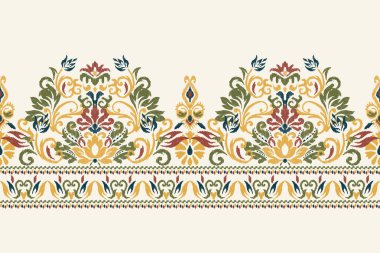 Beyaz arka plana Ikat desenli desenli işleme.Etnik oryantal desen geleneği. Doku, kumaş, giysi, ambalaj, dekorasyon, sarong, eşarp için soyut vektör çizimi.