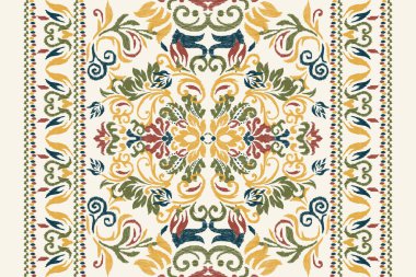 Beyaz arka plana Ikat desenli desenli işleme.Etnik oryantal desen geleneği. Doku, kumaş, giysi, ambalaj, dekorasyon, atkı, halı için soyut vektör çizimi.