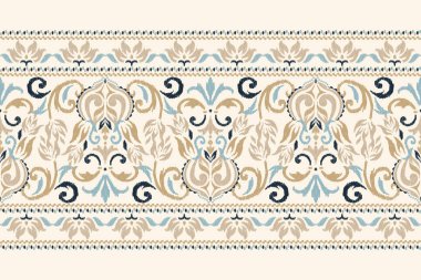 Kahverengi arka planda Ikat desenli desenli işleme.Etnik oryantal desen geleneği. Doku, kumaş, giysi, ambalaj, dekorasyon, sarong, eşarp için soyut vektör çizimi.