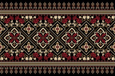 Siyah arka plan üzerine çiçek haçı nakışı. Geometrik etnik oryantal desen geleneği. Doku, kumaş, giysi, ambalaj, dekorasyon, sarong için soyut vektör çizimi..