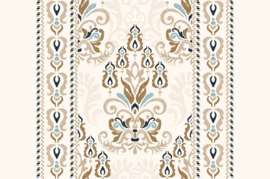 Beyaz arka plana Ikat desenli desenli işleme.Etnik oryantal desen geleneği. Doku, kumaş, giysi, ambalaj, dekorasyon, atkı, halı için soyut vektör çizimi.