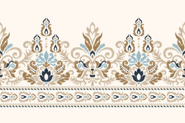 Beyaz arka plana Ikat desenli desenli işleme.Etnik oryantal desen geleneği. Doku, kumaş, giysi, ambalaj, dekorasyon, sarong, eşarp için soyut vektör çizimi.