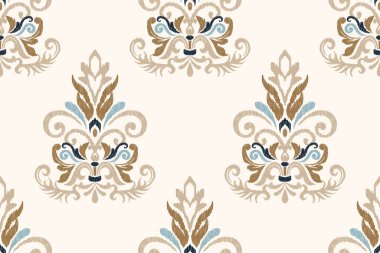 Beyaz arka plana Ikat desenli çiçek desenli nakış. Etnik doğuya özgü dikişsiz desen geleneği. Doku, kumaş, ambalaj, giysi, dekorasyon için tasarım..