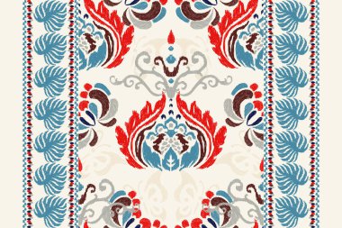 Beyaz arka plana Ikat desenli desenli işleme.Etnik oryantal desen geleneği. Doku, kumaş, giysi, ambalaj, dekorasyon, atkı, halı için soyut vektör çizimi.