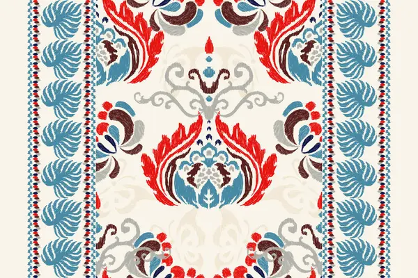 Beyaz arka plana Ikat desenli desenli işleme.Etnik oryantal desen geleneği. Doku, kumaş, giysi, ambalaj, dekorasyon, atkı, halı için soyut vektör çizimi.