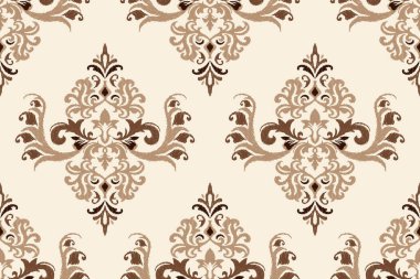 Beyaz arka plana Ikat desenli çiçek desenli nakış. Etnik doğuya özgü dikişsiz desen geleneği. Doku, kumaş, ambalaj, giysi, dekorasyon için tasarım..