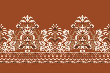 Turuncu arka planda Ikat desenli desenli işlemeler, Ikat etnik oryantal desen geleneği. Doku, kumaş, kıyafet, ambalaj, dekorasyon, sarong için tasarım..