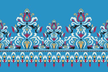 Mavi arka plana Ikat desenli desenli işleme.Etnik oryantal desen geleneği. Doku, kumaş, giysi, ambalaj, dekorasyon, sarong, eşarp için soyut vektör çizimi..