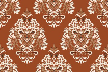 Ikat çiçekli desenli turuncu arka plan nakışı. Etnik doğuya özgü dikişsiz desen geleneği. Doku, kumaş, giysi, ambalaj, dekorasyon için tasarım..