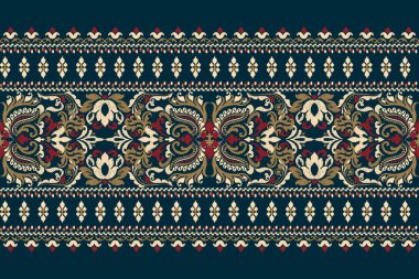 Ikat çiçekli şal desenli lacivert arka plan nakışı. Etnik oryantal desen geleneği. Doku, kumaş, elbise, ambalaj, dekorasyon, halı tasarımı..