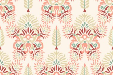 Beyaz arka plana Ikat çiçekli desenli nakış. Etnik doğuya özgü dikdörtgen desenli geleneksel. Doku, kumaş, giysi, ambalaj, dekorasyon için tasarım..