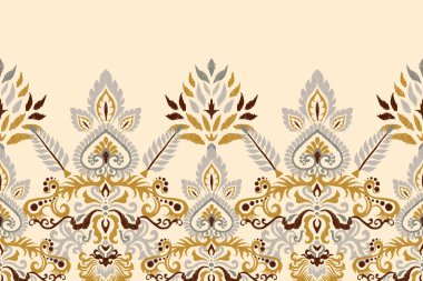 Krem zemin üzerine Ikat desenli desenli işlemeler. Etnik oryantal desen geleneği. Doku, kumaş, giysi, ambalaj, dekorasyon, sarong, eşarp için soyut vektör çizimi.