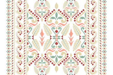 Beyaz arka plana Ikat desenli desenli işleme.Etnik oryantal desen geleneği. Doku, kumaş, giysi, ambalaj, dekorasyon, atkı, halı için soyut vektör çizimi.