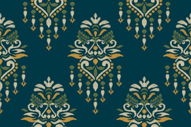 Ikat çiçekli şal desenli lacivert arka plan nakışı. Etnik doğuya özgü dikişsiz desen geleneği. Doku, kumaş, giysi, ambalaj, dekorasyon için tasarım.