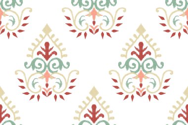 Beyaz arka plana Ikat çiçekli desenli nakış. Etnik doğuya özgü dikdörtgen desenli geleneksel. Doku, kumaş, giysi, ambalaj, dekorasyon için tasarım..