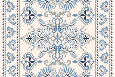 Beyaz arka plana Ikat desenli desenli işleme.Etnik oryantal desen geleneği. Doku, kumaş, giysi, ambalaj, dekorasyon, atkı, halı için soyut vektör çizimi.