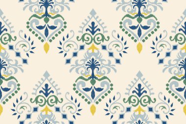 Beyaz arka plana Ikat çiçekli desenli nakış. Etnik doğuya özgü dikdörtgen desenli geleneksel. Doku, kumaş, giysi, ambalaj, dekorasyon için tasarım..