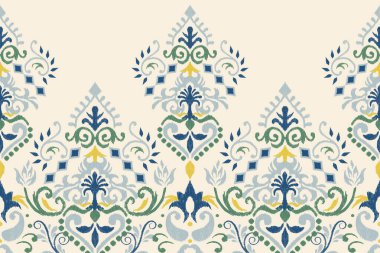 Beyaz arka plana Ikat desenli desenli işleme.Etnik oryantal desen geleneği. Doku, kumaş, giysi, ambalaj, dekorasyon, sarong, eşarp için soyut vektör çizimi.