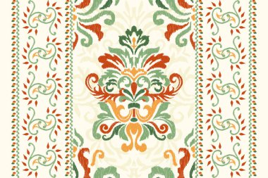 Beyaz arka plana Ikat desenli desenli işleme.Etnik oryantal desen geleneği. Doku, kumaş, giysi, ambalaj, dekorasyon, atkı, halı için soyut vektör çizimi.