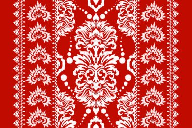 Ikat çiçekli desenli işleme.beyaz ve kırmızı arka plan. Etnik oryantal desen geleneği. Doku, kumaş, giysi, dekorasyon, eşarp için tasarım..