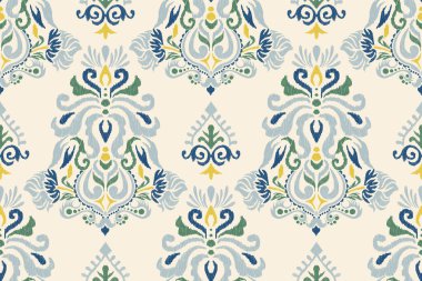 Beyaz arkaplana Ikat desenli desenli işlemeler, İkat etnik doğulu dikişsiz desenler geleneksel. Doku, kumaş, giysi, süsleme, dekorasyon için tasarım..