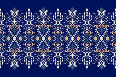 Ikat çiçekli şal desenli lacivert arka plan nakışı. Etnik oryantal desen geleneği. Doku, kumaş, giysi, ambalaj, dekorasyon, Sarong tasarımı..