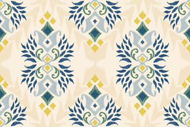 Krem zemin üzerine Ikat çiçekli desenli nakış. Etnik doğuya özgü dikişsiz desen geleneği. Doku, kumaş, giysi, ambalaj, dekorasyon için tasarım..