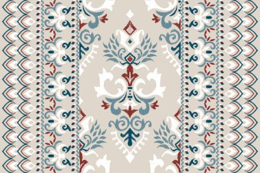 Gri arkaplandaki Ikat desenli desenli desenler. Etnik doğu desenli geleneksel. Doku, kumaş, kıyafet, ambalaj, dekorasyon, eşarp, halı tasarımı..