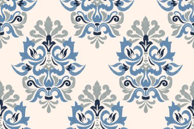 Beyaz arka plana Ikat çiçekli desenli nakış. Etnik doğuya özgü dikdörtgen desenli geleneksel. Doku, kumaş, giysi, ambalaj, dekorasyon için tasarım..