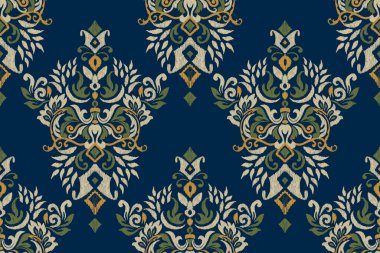 Ikat çiçekli şal desenli lacivert arka plan nakışı. Etnik doğuya özgü dikişsiz desen geleneği. Doku, kumaş, giysi, ambalaj, dekorasyon için tasarım.