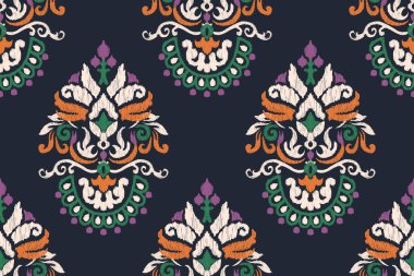 Siyah arka plana Ikat çiçekli desenli nakış. Etnik doğuya özgü dikişsiz desen geleneği. Doku, kumaş, giysi, ambalaj, dekorasyon için tasarım..