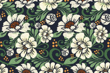 Ikat çiçekli şal desenli lacivert arka plan nakışı. Etnik doğuya özgü dikişsiz desen geleneği. Doku, kumaş, giysi, ambalaj, dekorasyon için tasarım.