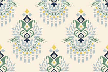 Beyaz arkaplana Ikat desenli desenli işlemeler, İkat etnik doğulu dikişsiz desenler geleneksel. Doku, kumaş, giysi, süsleme, dekorasyon için tasarım..