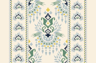 Beyaz arka plana Ikat desenli desenli işleme.Etnik oryantal desen geleneği. Doku, kumaş, giysi, ambalaj, dekorasyon, atkı, halı için soyut vektör çizimi.