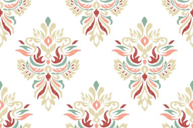 Beyaz arka plana Ikat çiçekli desenli nakış. Etnik doğuya özgü dikdörtgen desenli geleneksel. Doku, kumaş, giysi, ambalaj, dekorasyon için tasarım..