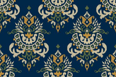 Ikat çiçekli şal desenli lacivert arka plan nakışı. Etnik doğuya özgü dikişsiz desen geleneği. Doku, kumaş, giysi, ambalaj, dekorasyon için tasarım.