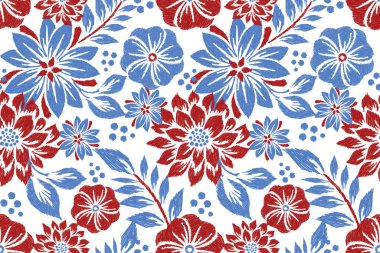 Beyaz arka plana Ikat çiçekli desenli nakış. Etnik doğuya özgü dikdörtgen desenli geleneksel. Doku, kumaş, giysi, ambalaj, dekorasyon için tasarım..