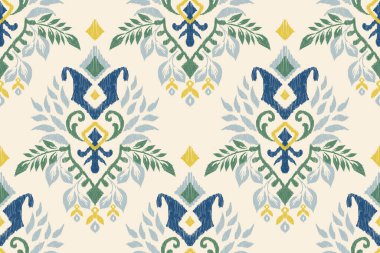 Beyaz arka plana Ikat çiçekli desenli nakış. Etnik doğuya özgü dikdörtgen desenli geleneksel. Doku, kumaş, giysi, ambalaj, dekorasyon için tasarım..