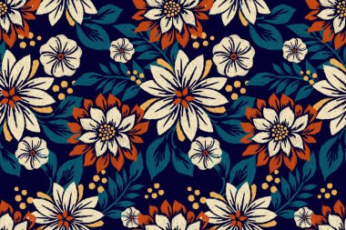 Ikat çiçekli şal desenli lacivert arka plan nakışı. Etnik doğuya özgü dikişsiz desen geleneği. Doku, kumaş, giysi, ambalaj, dekorasyon için tasarım.